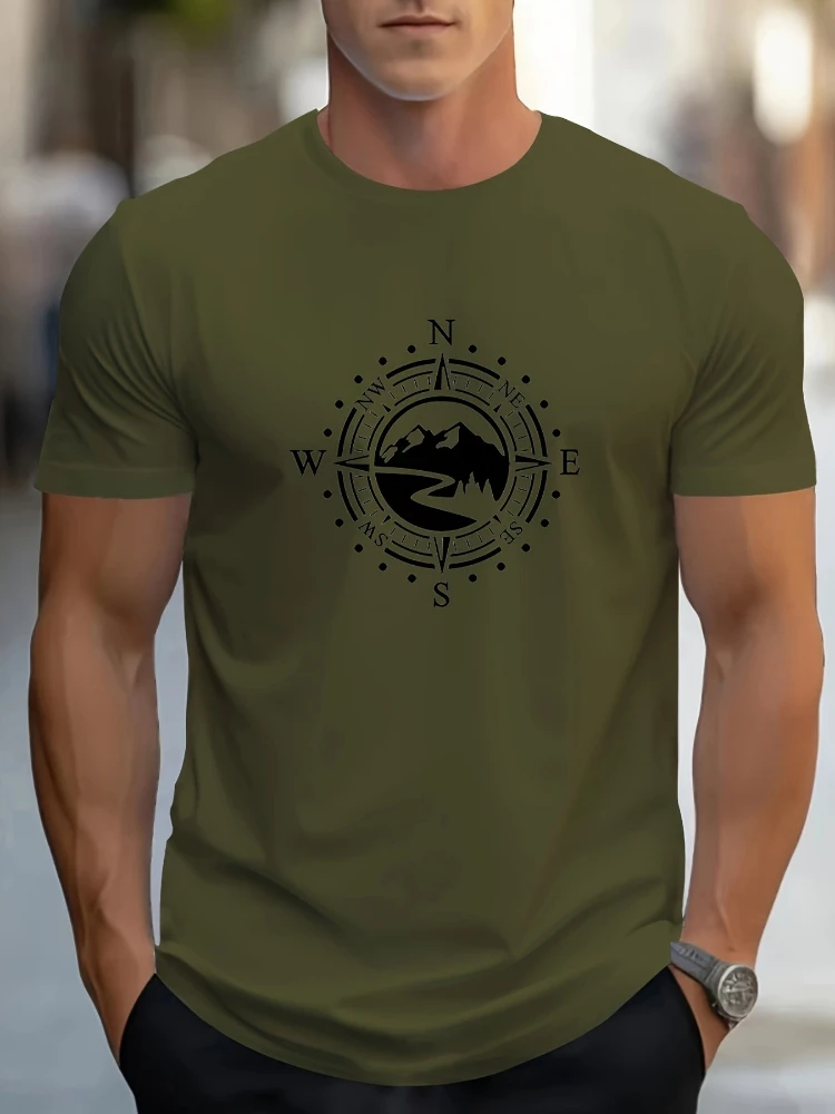 

Compass pattern design -100% cotton summer O-neck short sleeve casual printed men's T-shirt.