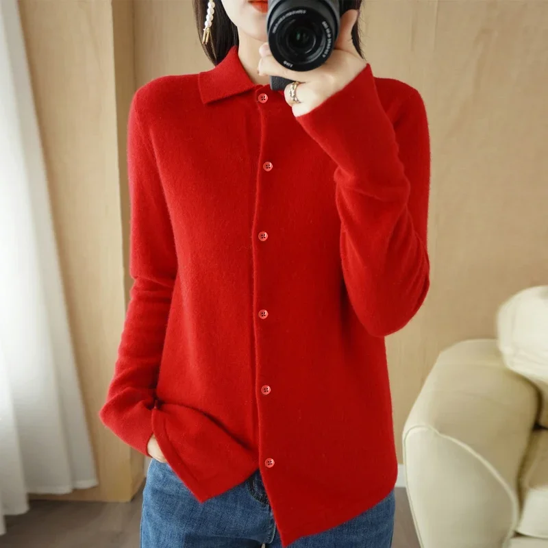 Spring/Autumn Cashmere Sweater Women's Cardigan Sweater Coat Shirt Collar Cashmere Cardigan