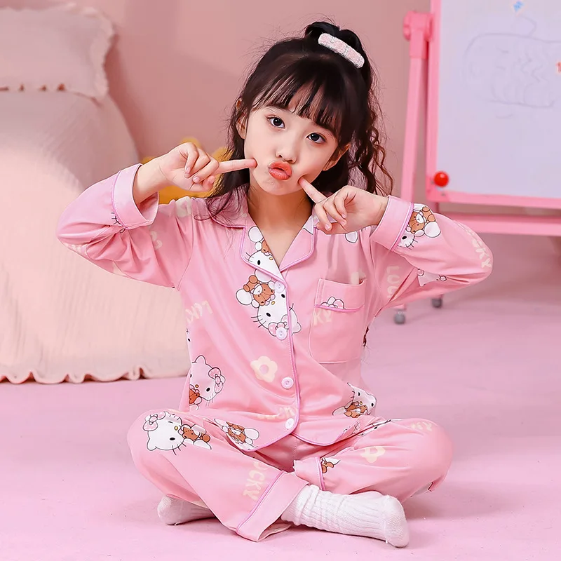 Kawaii Hello Kitty Girls Pajama Sets Charming Cartoon Print Gal Nightwear Set Soft Comfortable Breathable Home Clothes Winter