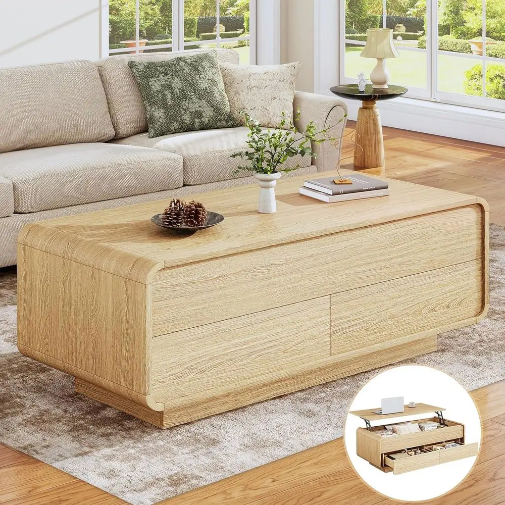 Lit Top Coee Table with Storage, 2-Tier Center Table with 2 Ders, Curved Proile Design, Wooden Recular Living Room Table, ern Co