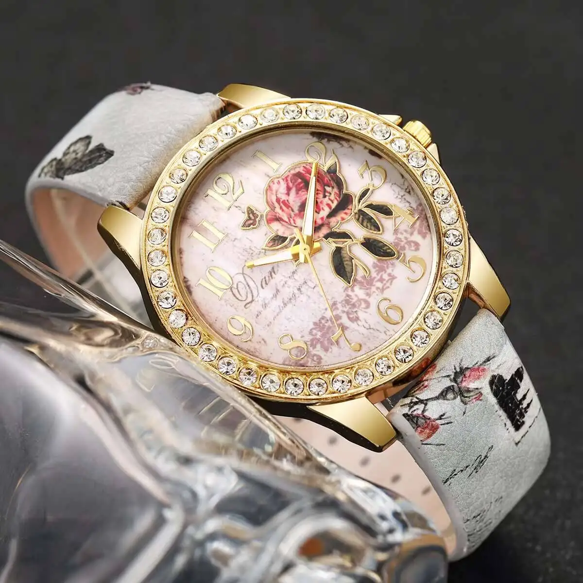2PCS/Set Fashion Flower Dial Women Watches Luxury Rhinestone Quartz Watch Leather Strap Wristwatch Reloj Mujer（Without Box）