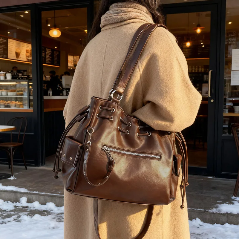 Y2K Hot Girl Single Shoulder Bag Vintage Crossbody Tote Bags Retro PU Leather Motorcycle Bag Large Capacity Multi Pocket Handbag
