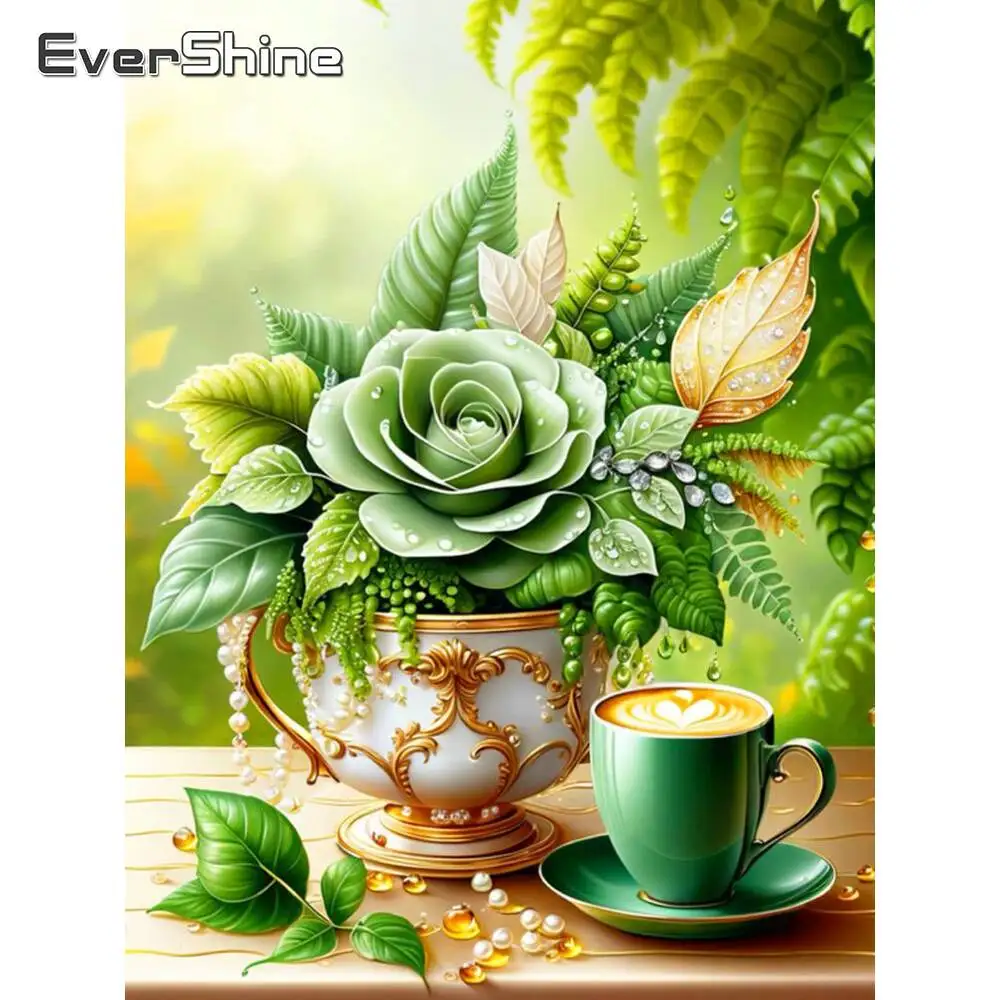 Evershine Diamant-Mosaik, Rose, Blume, Kaffeetasse, voll, quadratisch, rund, Diamant-Stickerei, Vase, handgefertigt, Hobby