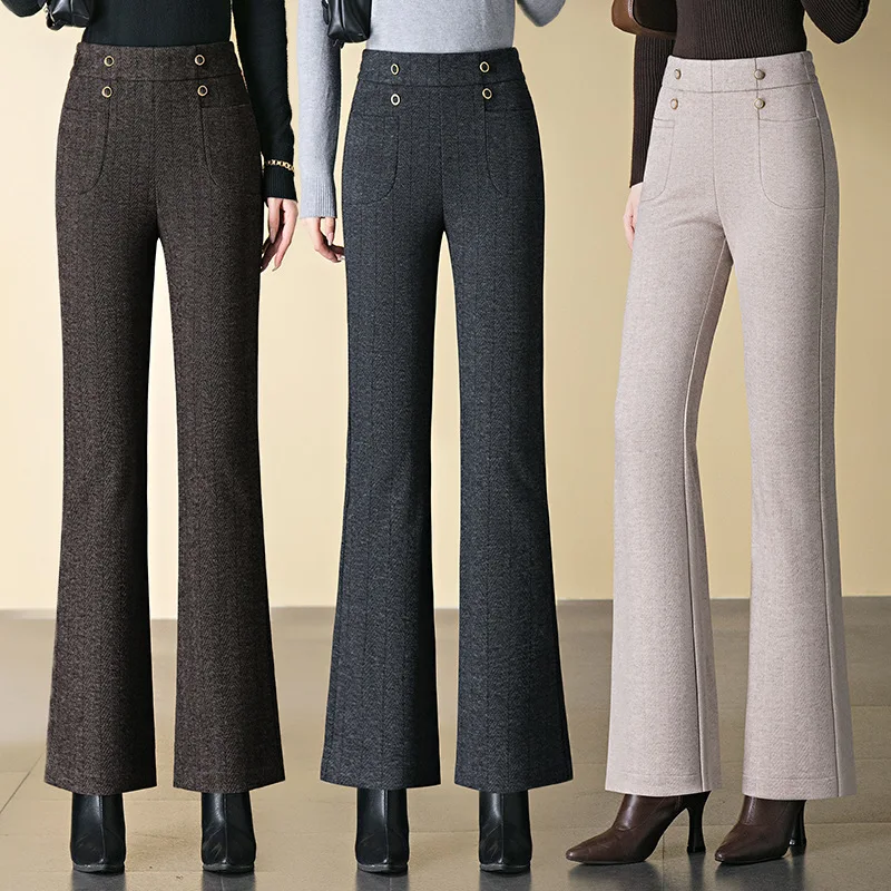 Wool Pants, High Waisted Flared Pants, Women's Autumn and Winter Thick Warm Commuting Office Work Pants