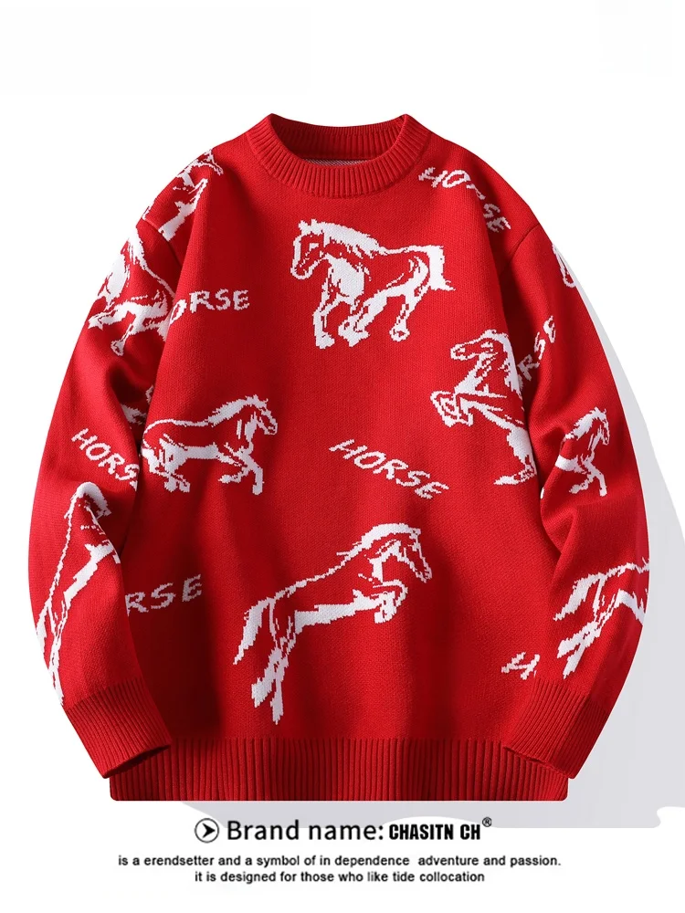 

Luy Year 2026 Men's Knitted Sweater Autumn Winter Cisas Retro Red Knit Couple Aosphere Sense Faionable Casual