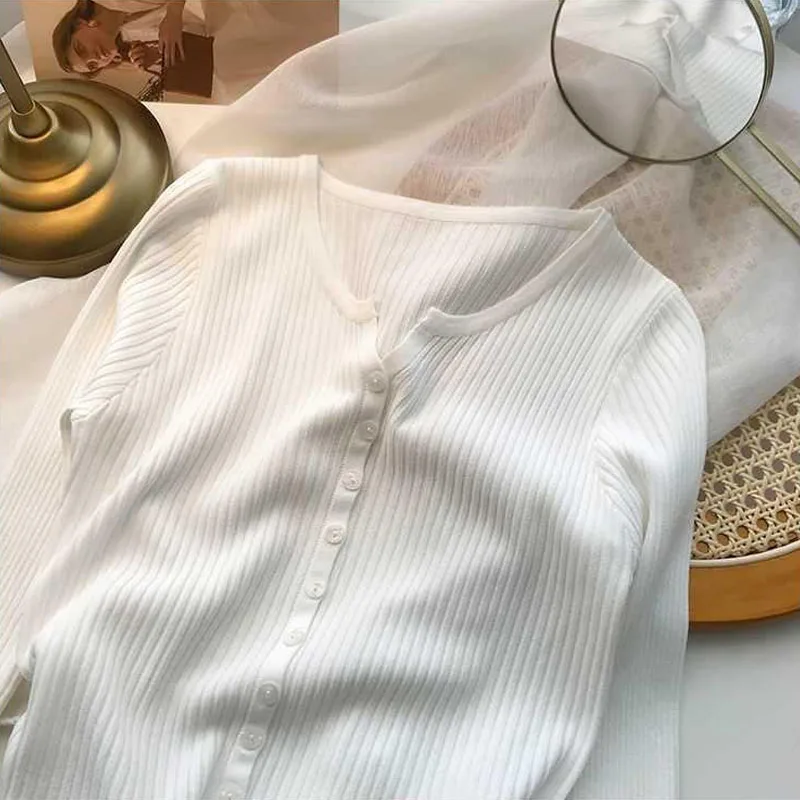 

Knitted Sweater Women Cardigans New Long Sleeve O-Neck White Knit Sweater Cardigan Women Tops Knitwears Sueters De Mujer Q1196