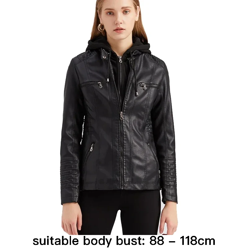 high quality leather jacket for women long sleeve big size detachable hooded new 2024 autumn elegant clothing black brown