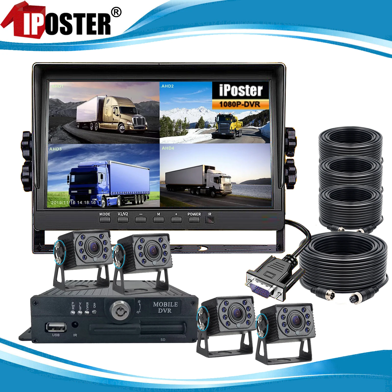 IPoster 1080P 4-CH Moible DVR Cameras System 4CH 360 View Rear View 10.1