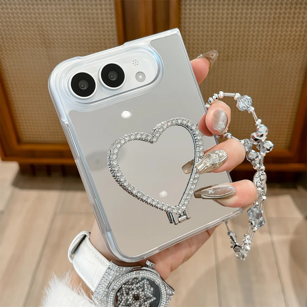 Luxury Bling Diamond Heart Mirror Holder Phone Case For iPhone Duo Reflective Back Hard Cover Beaded Shockproof Protective