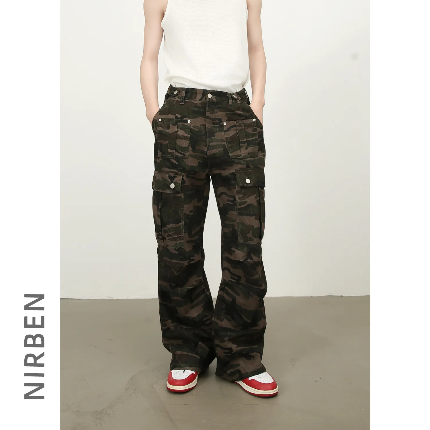 Denim American Retro Multi-pocket Camouflage Overalls Men's Pleated Loose Straight Trousers