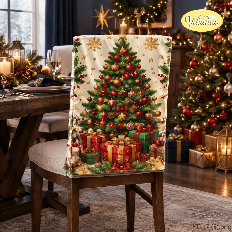 VIKAMA Christmas Tree Gifts Chair Cover Non Slip Washable Seat Cover for Dining Room Kitchen Family Gathering Home Decor Gift