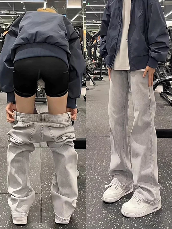 

American High Street Smoke Grey Micro Flare Jeans Men's High Waist Slim Fit Straight Leg Pants Casual Wear Spring Season