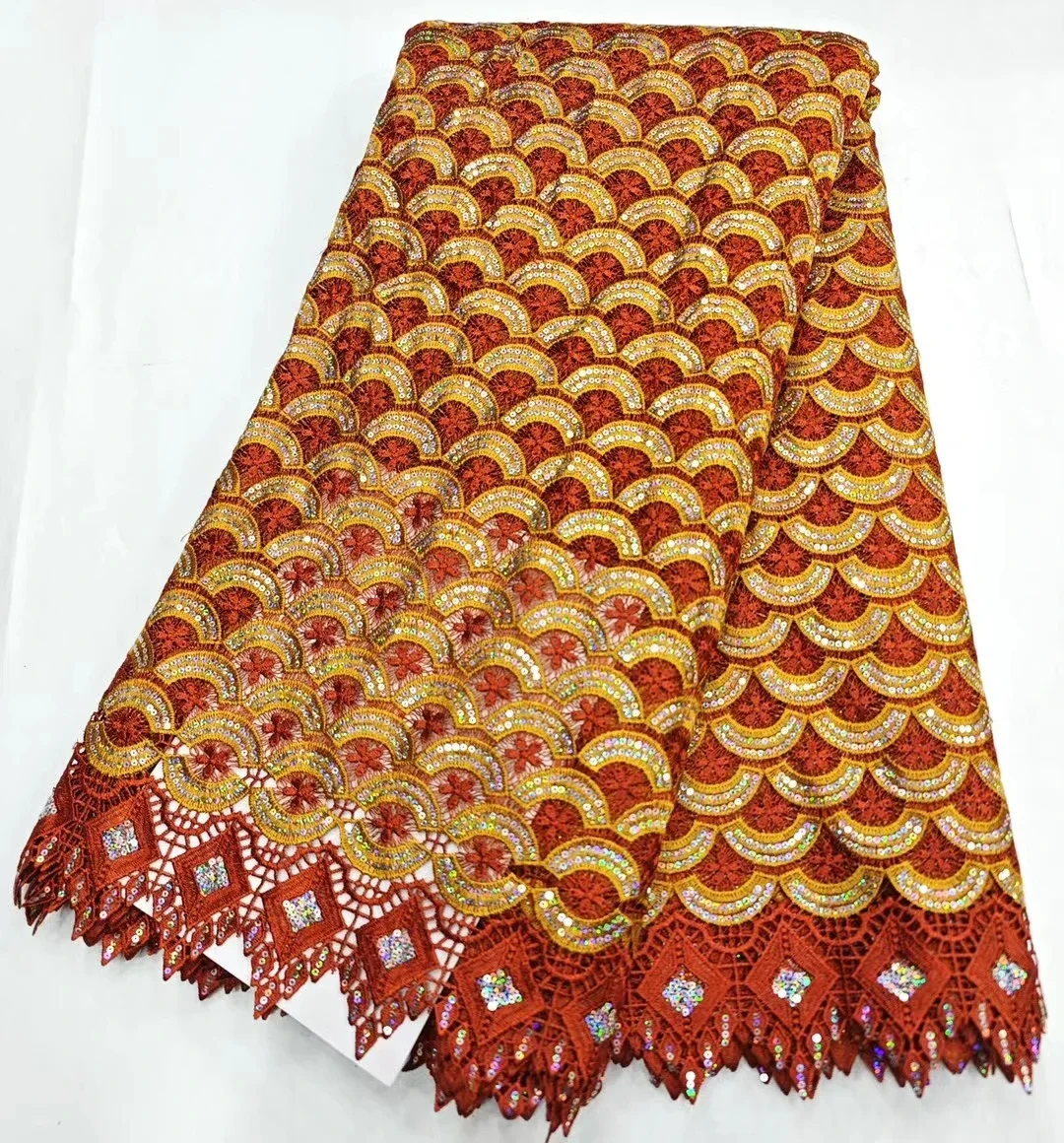 

2024 High Quality Red Gold African Sequins Water Soluble Lace Fabric Nigerian Cord Lace Fabric For Party Dress Sewing LHD24111