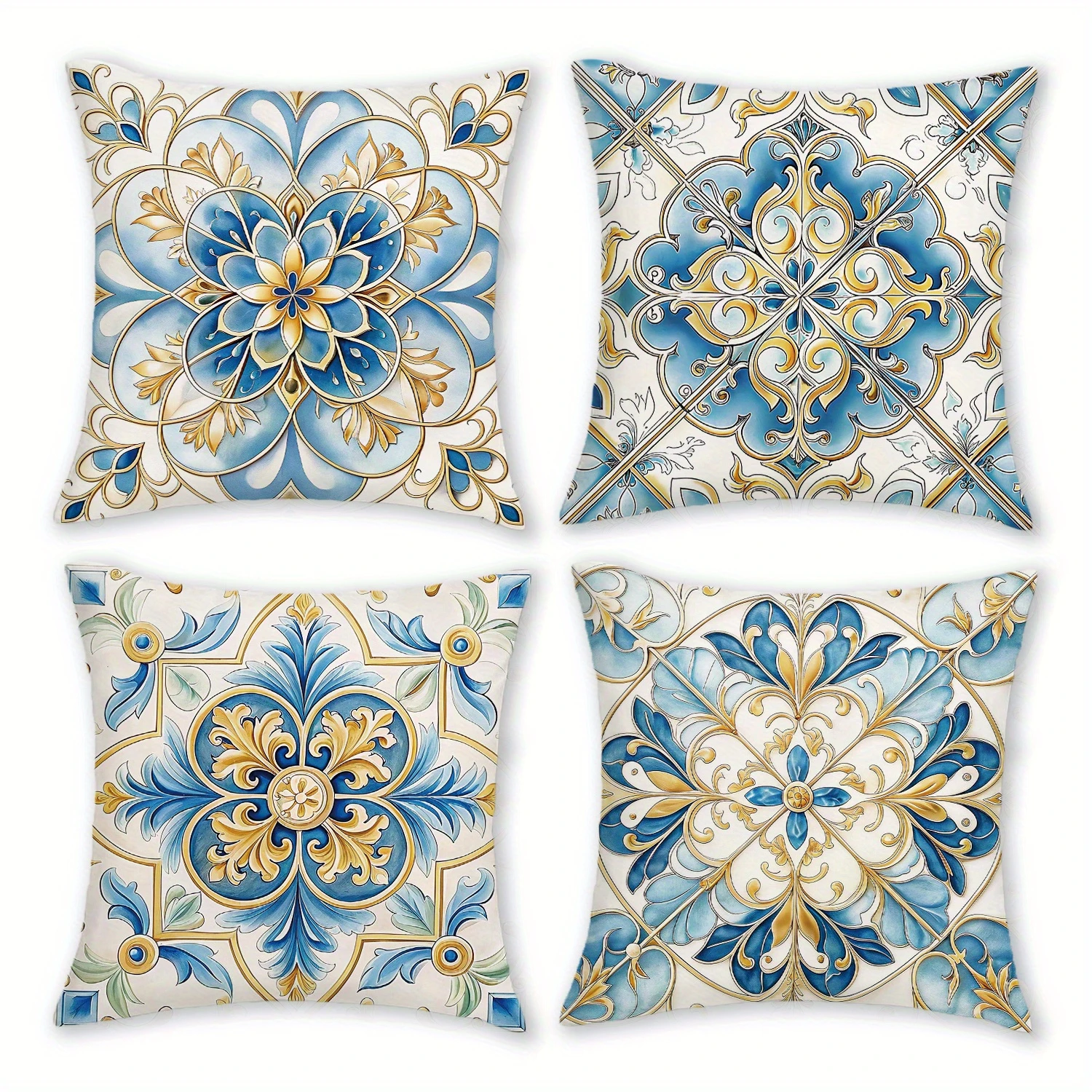 

1/4pcs Bohemian Blue Gold Floral Tile Throw Pillow Covers Vintage Mediterranean Style Cushion Cases for Home Sofa Bedroom Decor