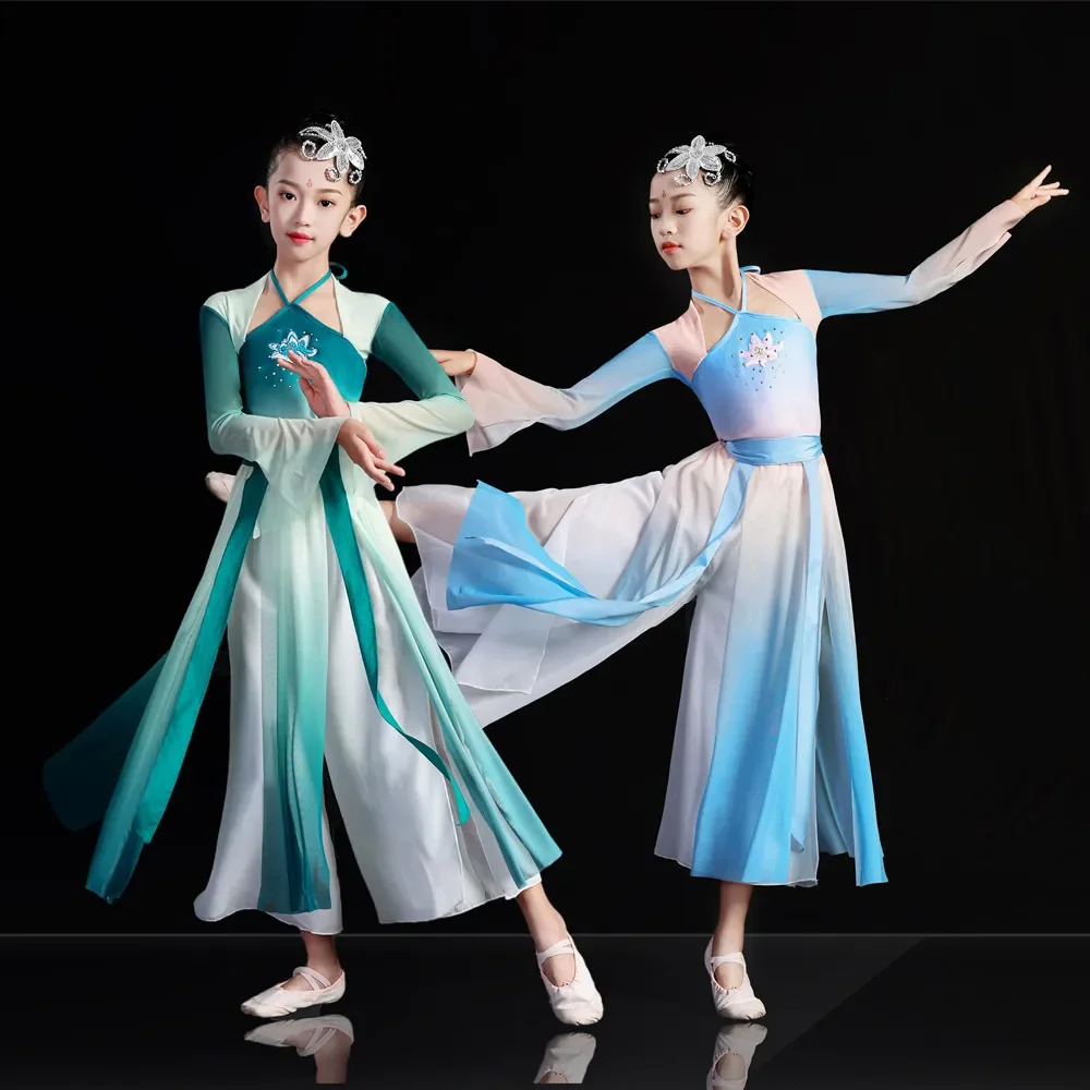 Traje de dança clássica para crianças, roupas de gaze para meninas, fan dance, chinês