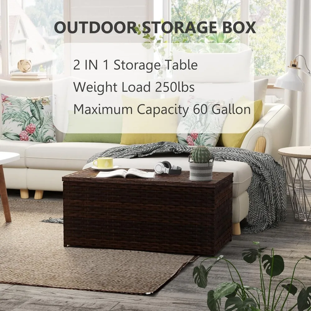 Waterproof Outdoor Wicker Storage Box 70 Gallon, Deck Patio Rattan Container with Hinged Lid, Weather-Resistant Storage Solution