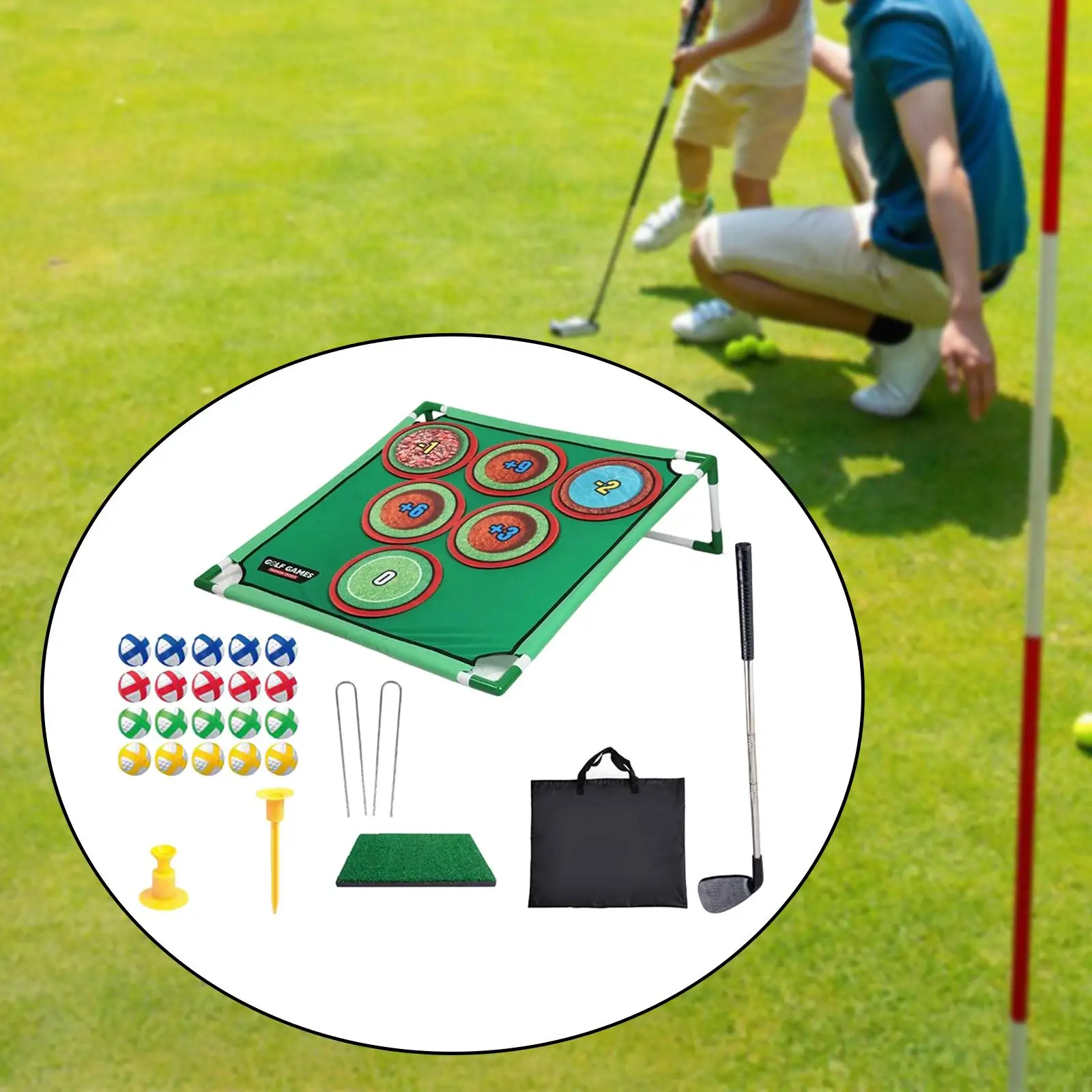 

Набор для игры в гольф, для взрослых и детей, портативный, 20 липких мячей, игра-боевка с гольф-мишенями, регулируемый тренировочный коврик для отработки ударов