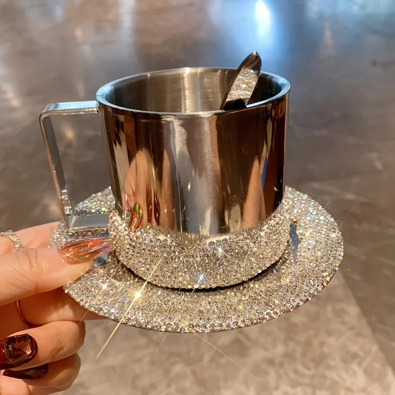 Rhinestone Coffee Cup Set with Saucers Shimmering Stainless Steel Insulated Mugs  Dessert Plates for Americano Latte Cafe Gift
