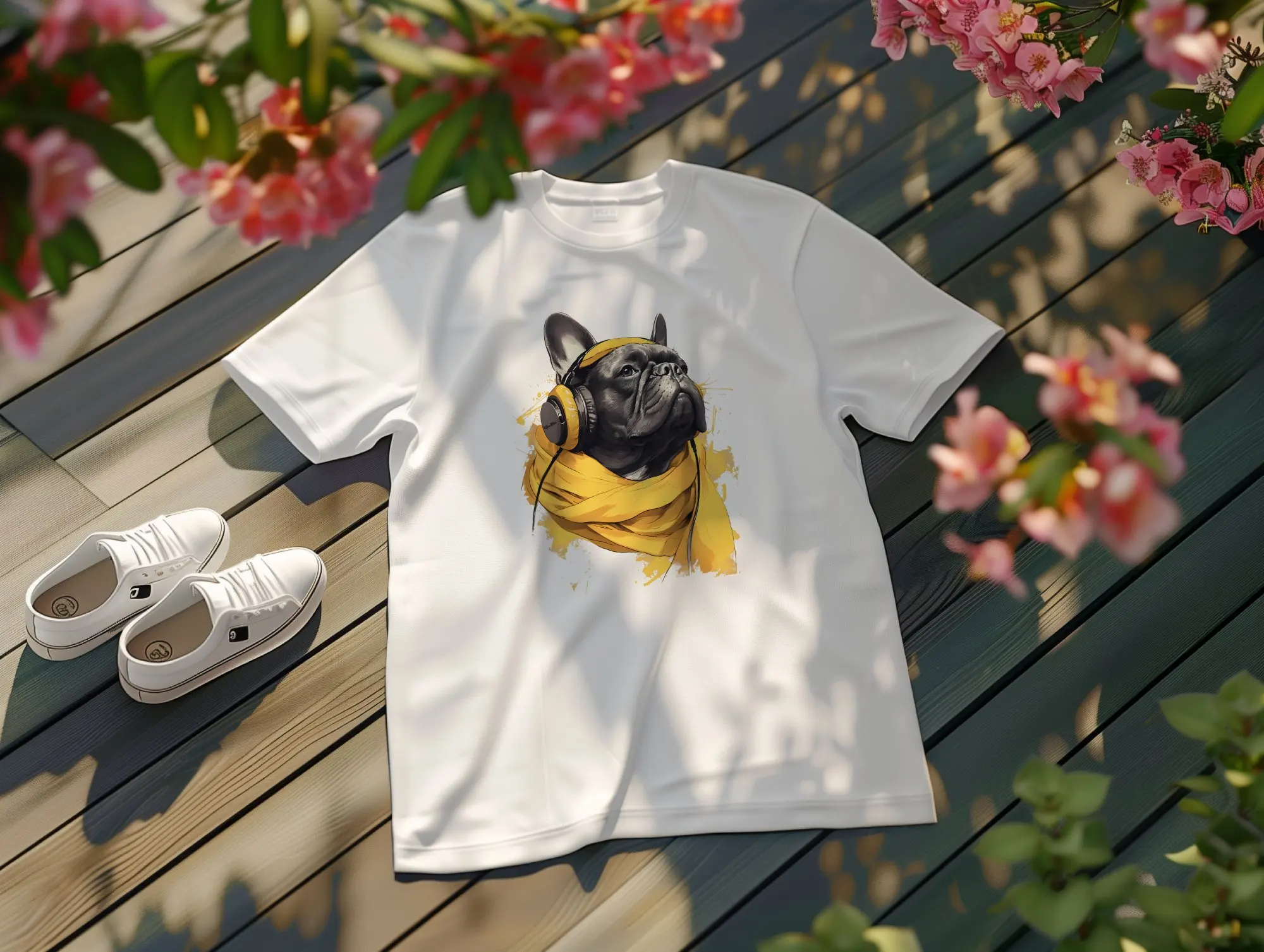 French Bulldog Listening to Music T Shirt Dog Lovers Casual Canine Cute Frenchie Novelty Top