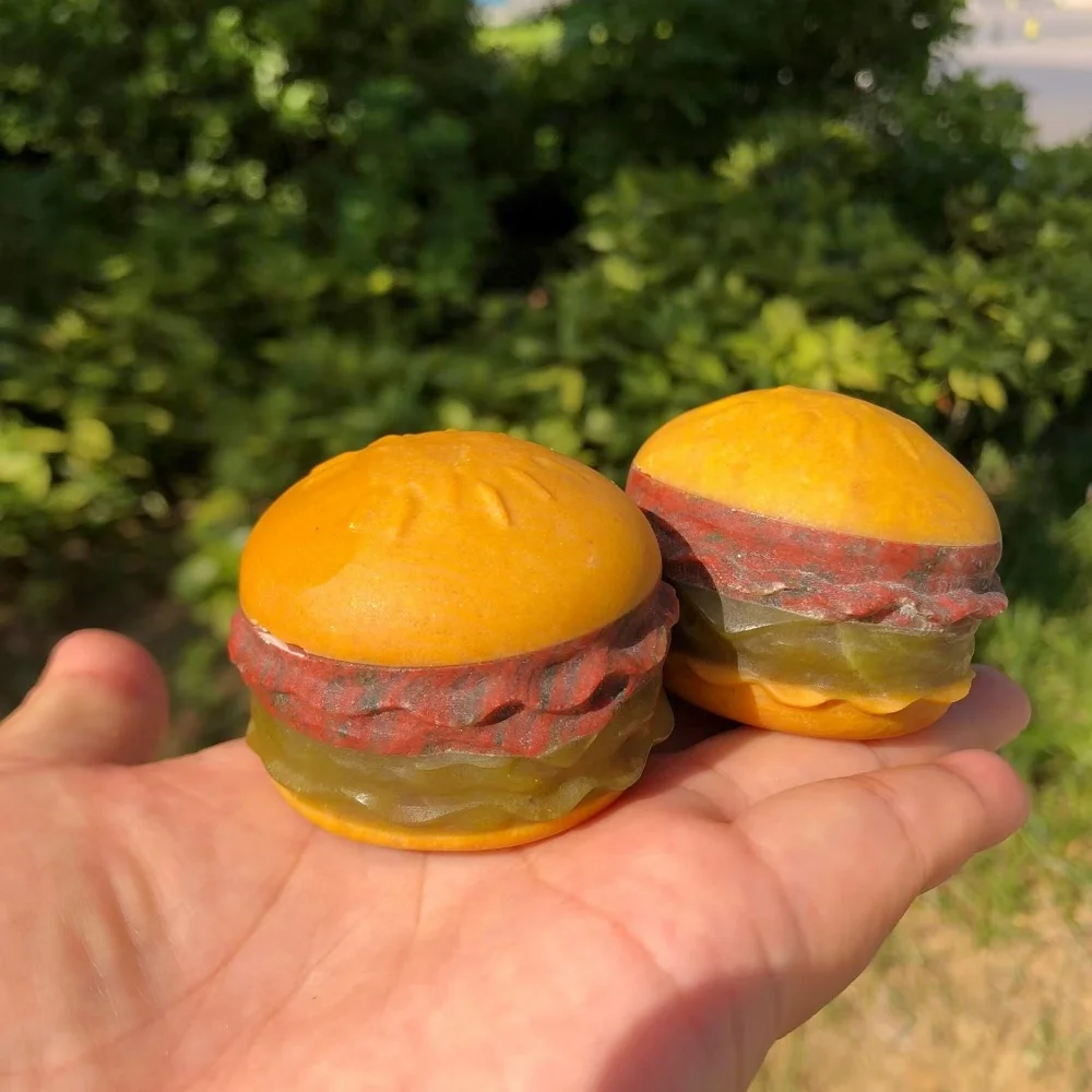 2pcs Natural Mixed Stone Hamburger Figurine Healing Crystal Burger Ornament Cute Food Shape Gemstone Crafts Home Desk Decor