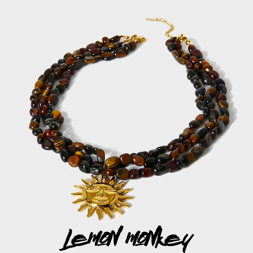 

Sun Pendant Necklace Yellow Tiger's eye Stone Handcrafted Beaded Chain Three-layer Stainless Steel Material for Ladies
