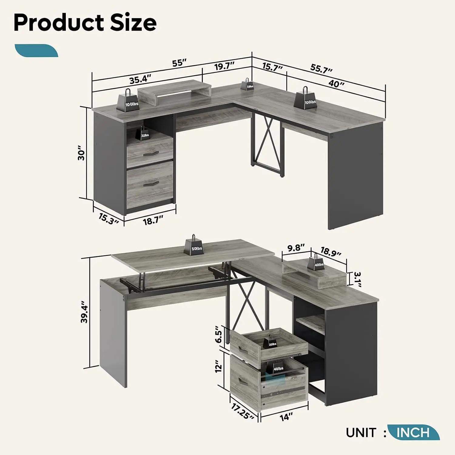 L Shaped Standing Desk Lift Top 55