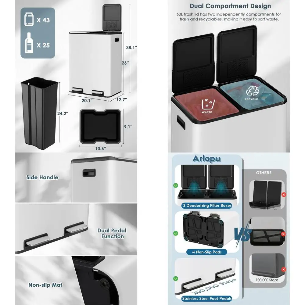 

Hands-Free Dual Waste Bin with Odor Control, Soft-Close Lid, 2 Buckets, and Side Handle for Home Use (White)