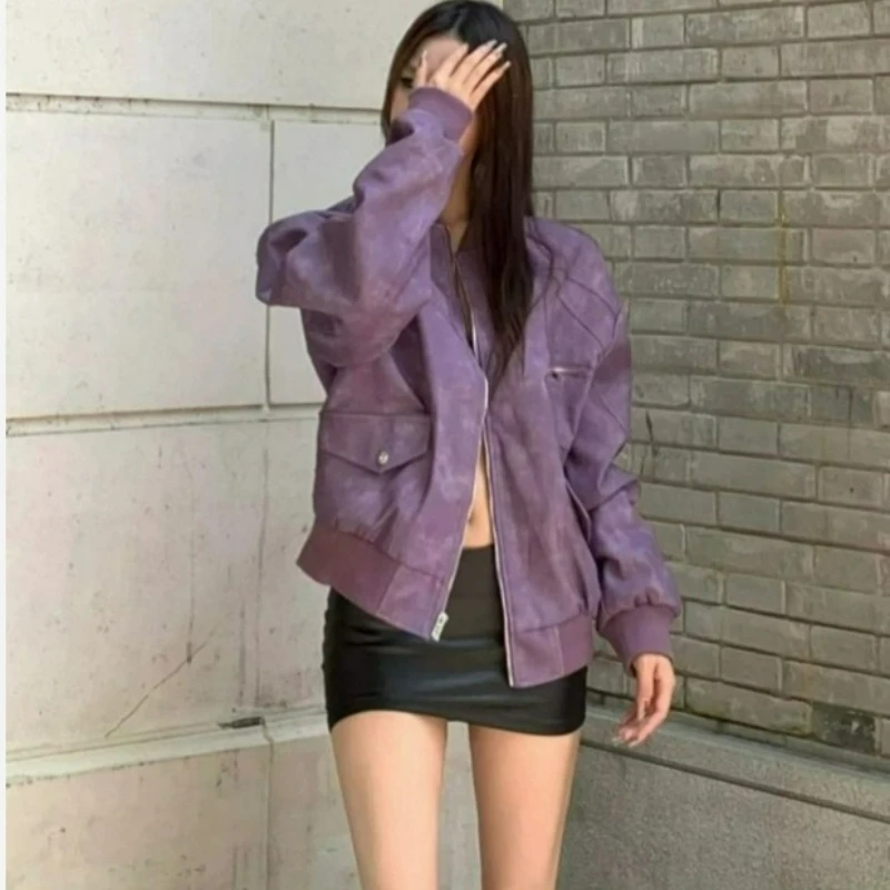 2026 Spring Autumn New Fashionable Loose Casual Motorcycle Coat American Retro Jacket High-end Purple Leather Coats for Women