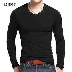 Lycra Cotton Men's T-Shirts Long Sleeve V Neck T Shirt 2024 MRMT Men Cotton T-Shirt Solid Color Slim Tight Man T Shirt For Male