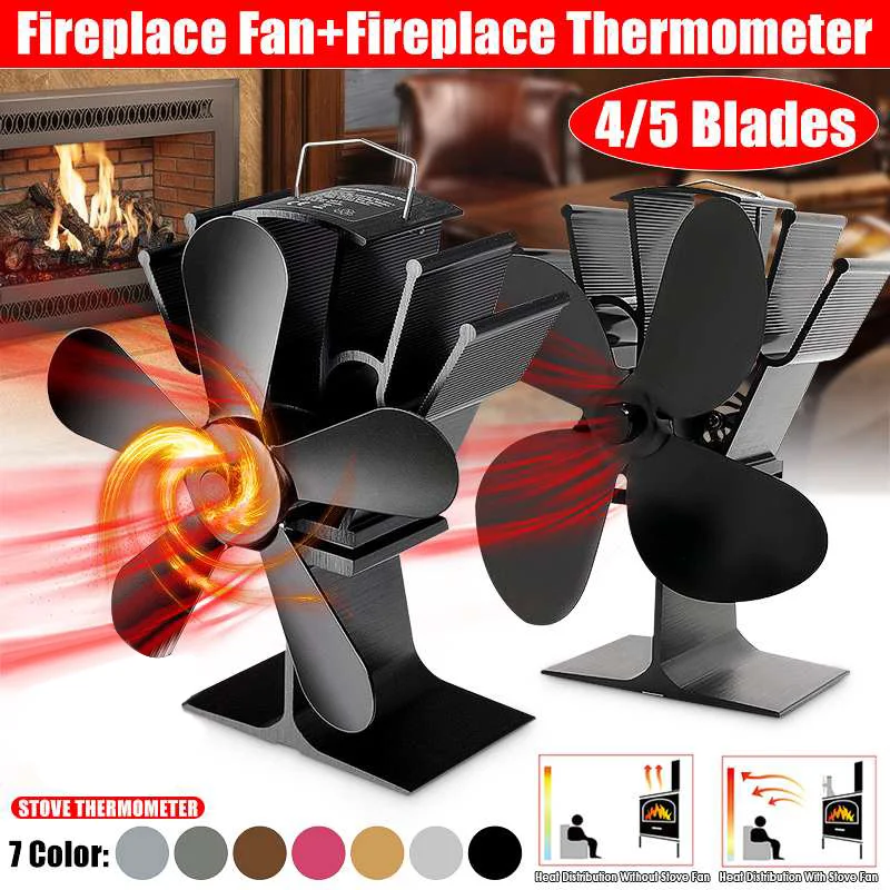 Black Fireplace 5-Blade Heat Power Furnace Fan Log Wood Burner Quiet Home Fireplace Fan Efficient Heat Distribution