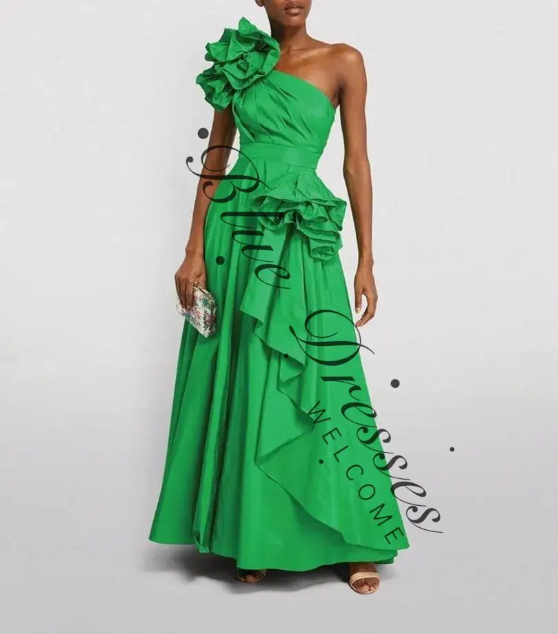 

Длинные зеленые вечерние платья по индивидуальному заказу с оборками, трапециевидное платье из тафты на одно плечо, плиссированное вечернее платье длиной до пола для женщин