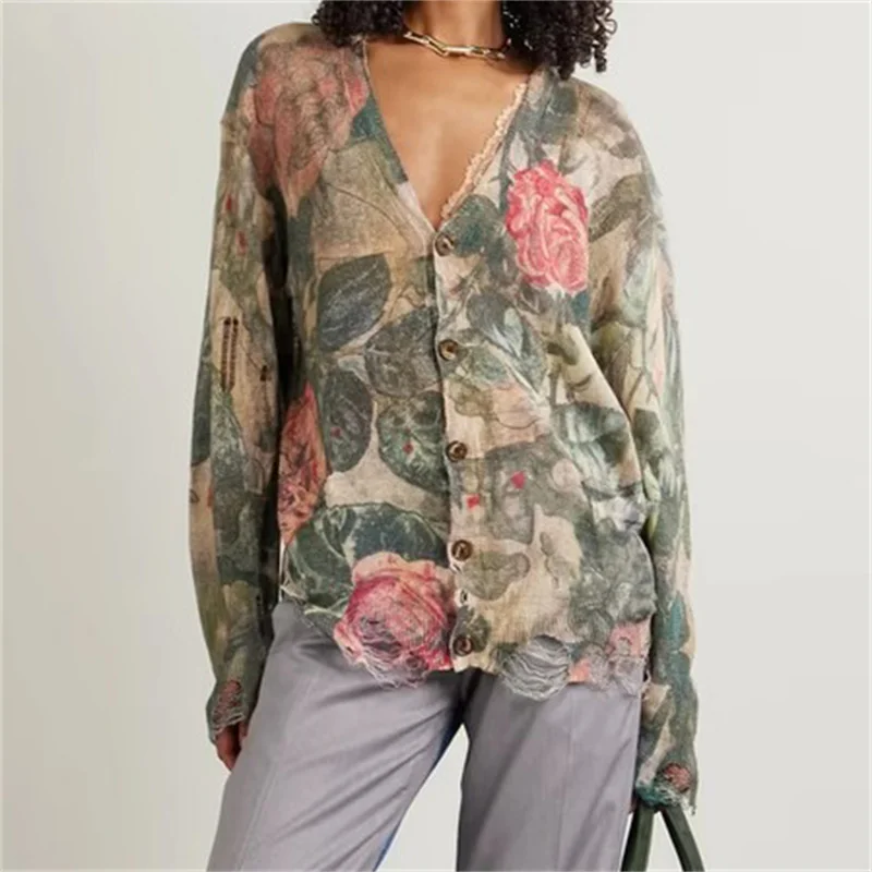 

Cardigan for women 2025 Summer New outerwears Rose Printed V-neck Long sleeved top Cotton and linen blend sweater y2k thin coat
