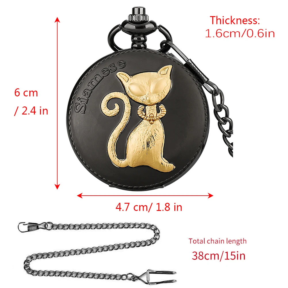 Cute Siamese Cat Pocket Watch Classic Black Noble Quartz Animal Watches Men Women Pendant Necklace Accessories Souvenir Clock