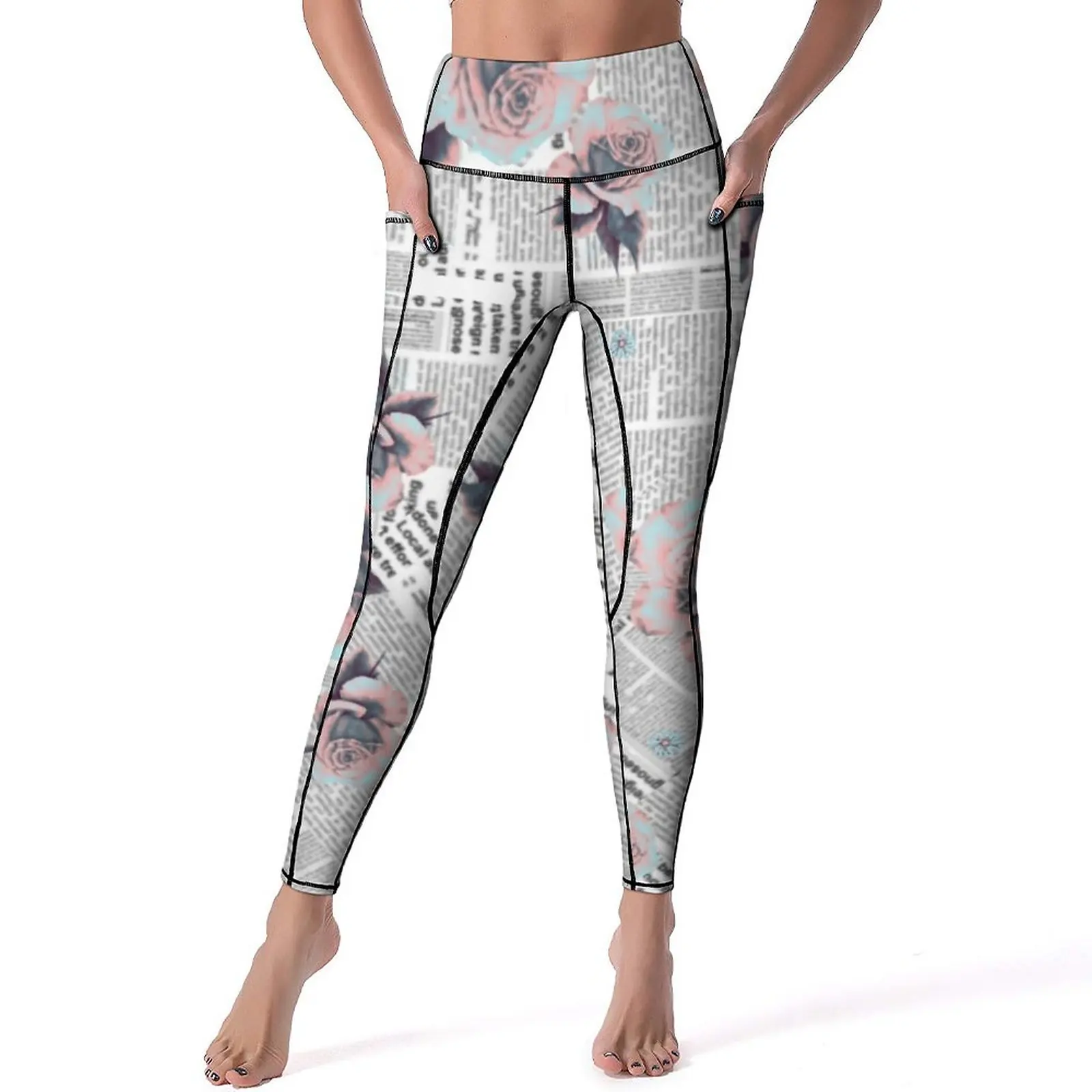 Vintage Newspaper Leggings Sexy Flower Print Push Up Yoga Pants Retro Stretch Leggins Women Design Work Out Sports Tights