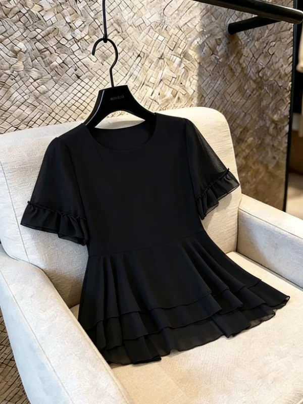 

Elegant Black Short Sleeve Chiffon Top Women's Fashion Summer 2026 New Style plus Size Cover Belly Trendy Top Shoulder Length