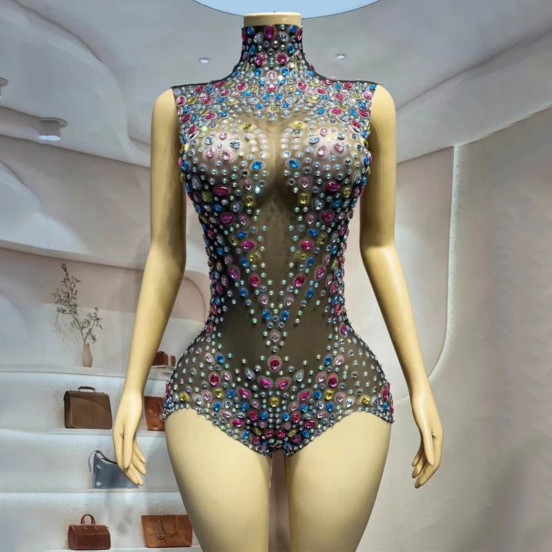 

Colorful Rhinestones Bodysuit Sexy See-Through Gogo Costumes Women Pole Dance Outfit Bar Dj Ds Stage Rave Clubwear XS8267