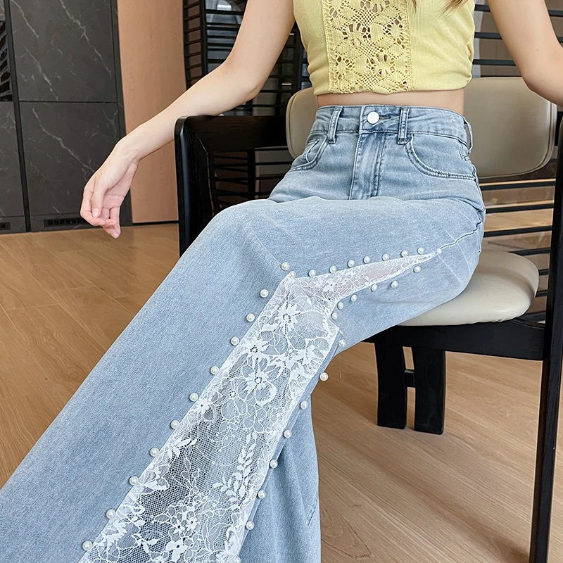 Pantalones vaqueros de pierna ancha con perlas de encaje de tenis para mujer, pantalones de pierna recta huecos holgados a la moda de estilo fino de verano 2025