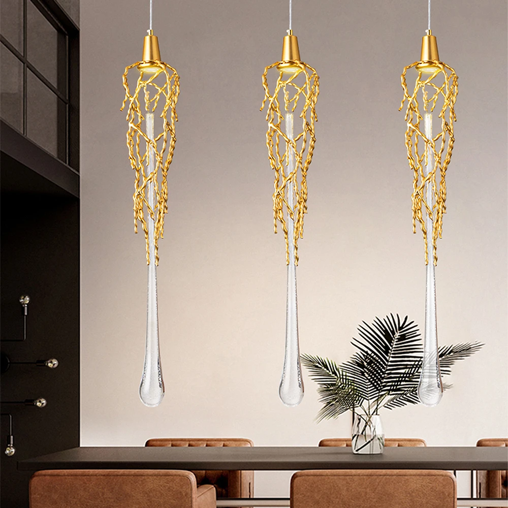 Vintage Long Pendant Lamp led Postmodern Creative Villa Dining Room Living Room Gold Aluminum Crystal Pendant Lights