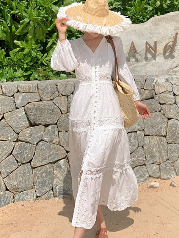 SMTHMA Summer 2025 Women Lace Embroidery Long Sleeve V-neck White Chiffon Beach Dress Lady mesh Patchwork Boho Dresses