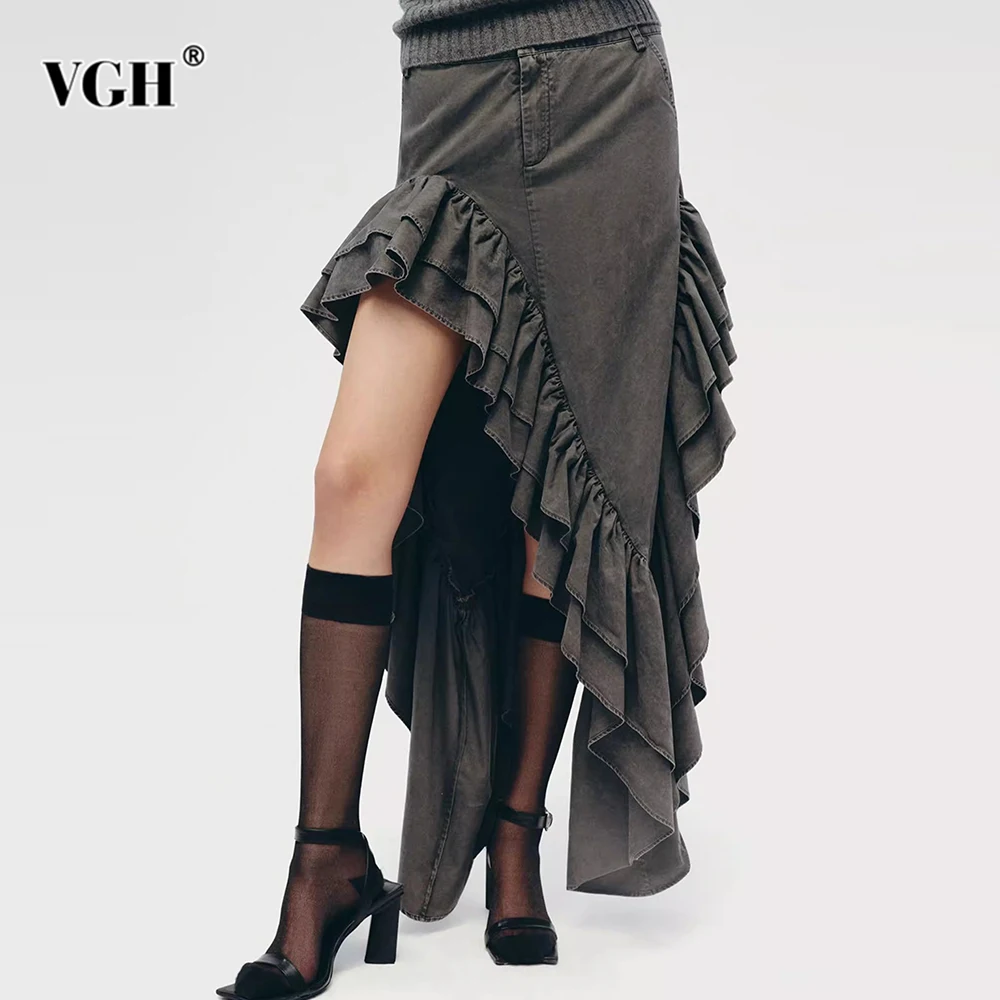 

VGH Solid Patchwork Ruffles Casual Skirts For Women High Waist Spliced Pockets Minimalist Irregular Hem Skirt Female Fashion New