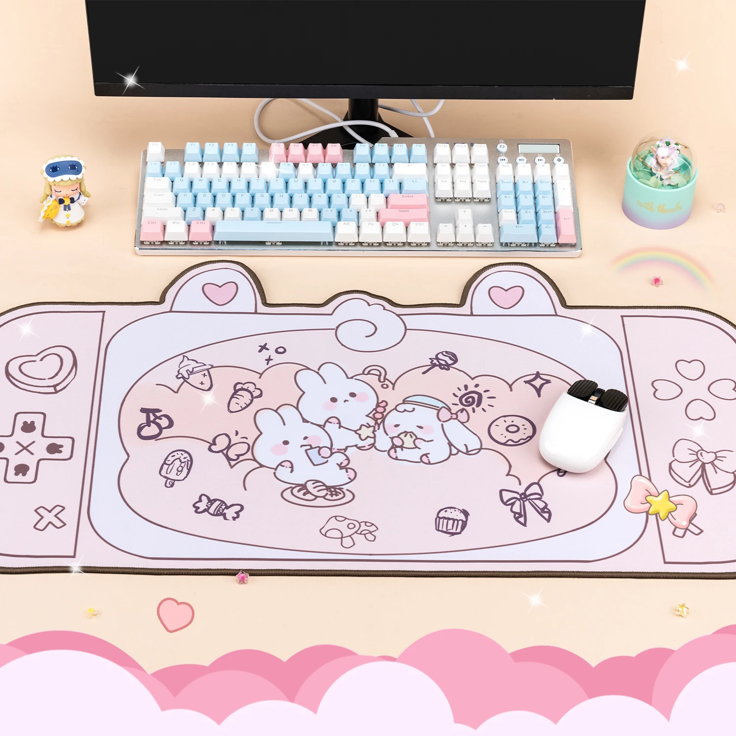 Extra Large Kawaii Gaming Mouse Pad Cute Pink Bunny Party XXL Desk Mat Water Proof Nonslip Laptop Desk Accessories