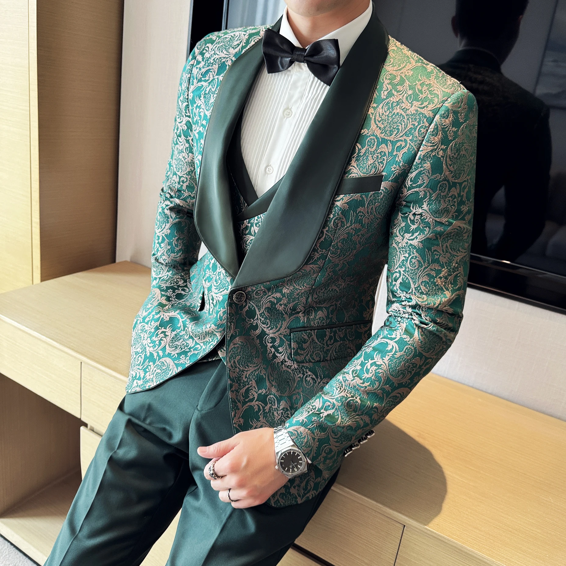 

Green Men's Suit 3-Piece, Wedding Party Dress Jacket and Vest with Trousers, Fashion Slim Male Sets, Asian Size XS-4XL