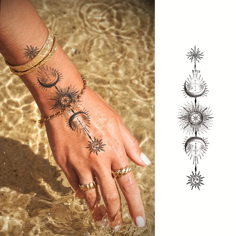 

5 шт. временные татуировки-наклейки-черные небесные модели тела (солнце, луна, звезды, полумесяц), долговечный водонепроницаемый боди-арт