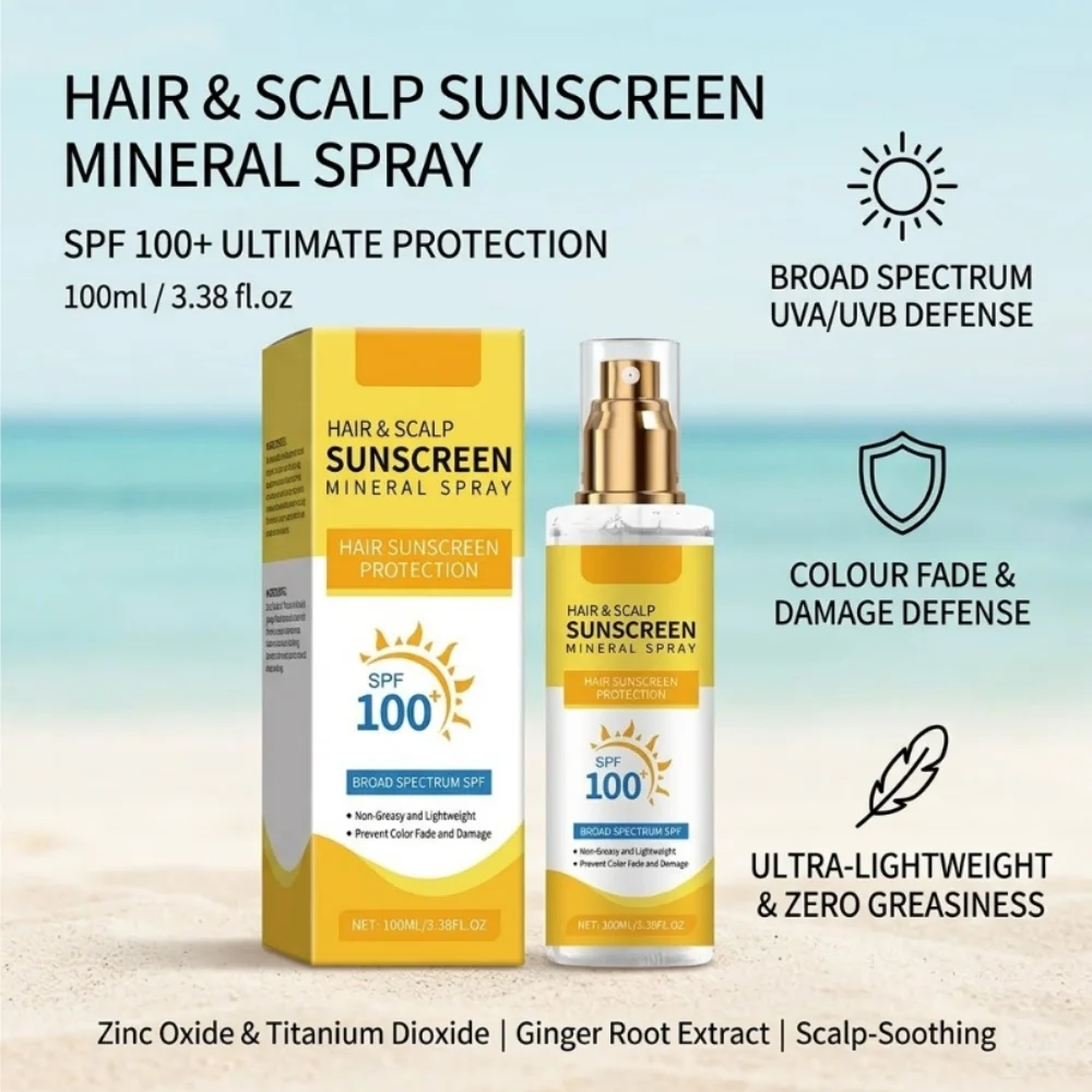SPF100+ Mineral Hair Scalp Sunscreen Spray Anti UV Color Protec Nourishing Ginger Anti-Hair Loss Sunblock Mist 100ml