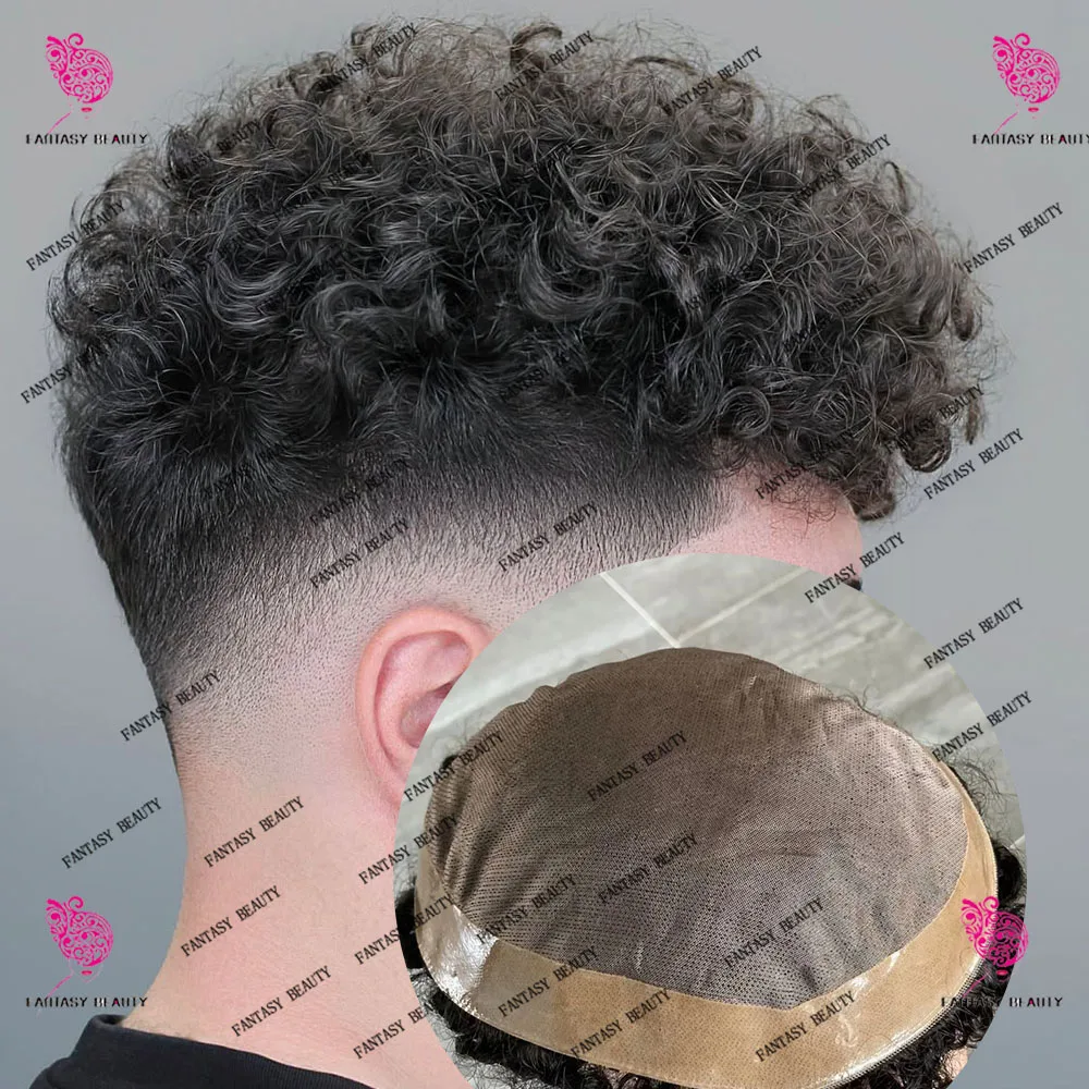 Afro Man 20 mm 15 mm krullend toupetje bruin blond zwart super duurzaam monokant mannen pruik 10 mm 360 weave menselijk haar capillaire prothese