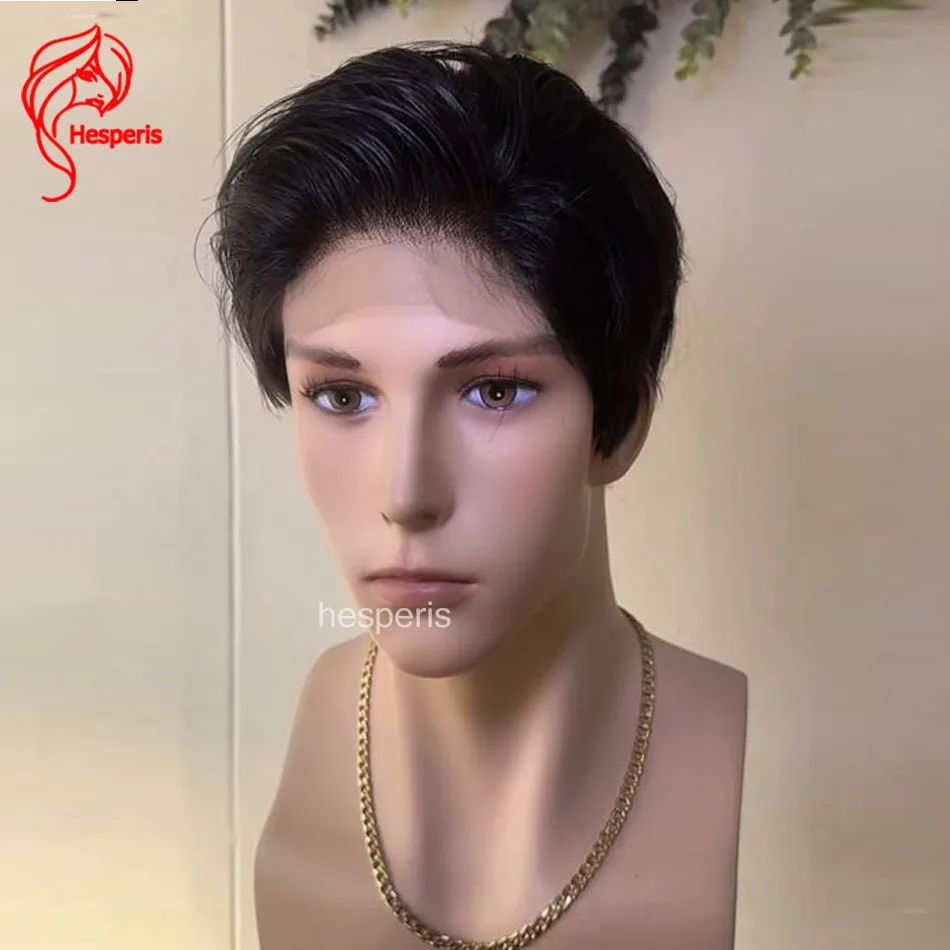 Hesperis Men's Short Pixie Cut Full Lace Wig Straight Human Hair Free Part Cosplay Male Wigs Pre Plucked for Wig Replacement