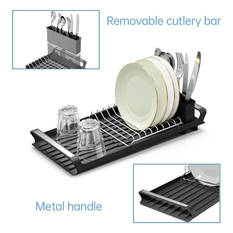 AT44-작은 접시 건조대 주방 카운터 싱크대 위 접시 건조대 접이식 디자인 탈부착 가능한 식기 홀더 포함