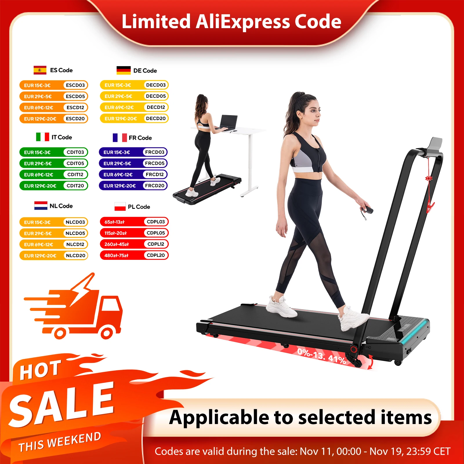 Tapis roulant pieghevole CITYSPORTS PRO, tapis roulant con tappetino da passeggio con inclinazione al 13%, velocità regolabile, luce LED, salvaspazio