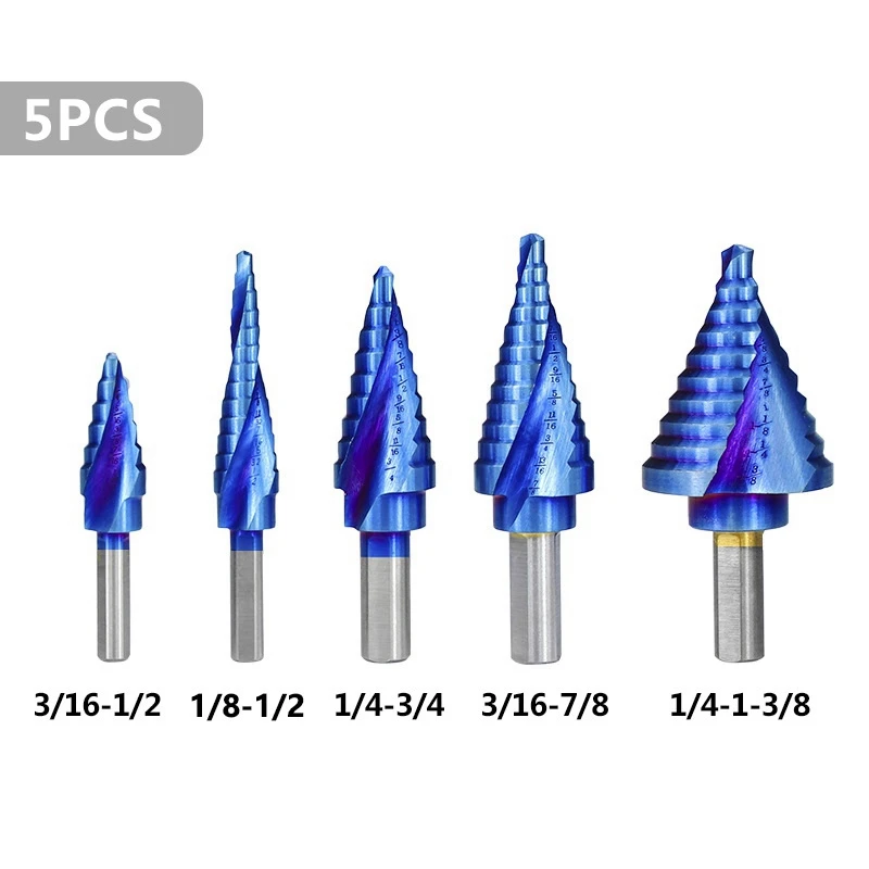 6-Pieces Quick Change SAE Spiral Grooved Step Drill Bit Set With Total 50 Step Sizes With Handy Storage Case