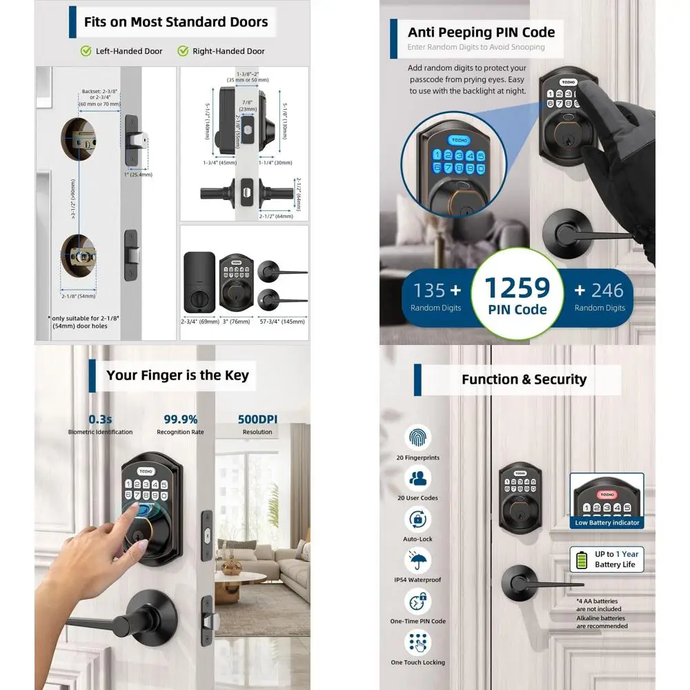 

Fingerprint Door Lock with 2 Lever Handles, Keyless Entry Deadbolt, Auto Lock, Touch Locking, Oil Rubbed Bronze